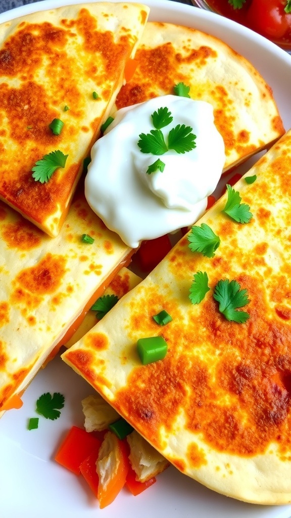 Golden quesadilla wedges filled with cheese and chicken, served with sour cream and salsa.
